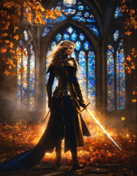 glamour shot of (stained glass window:1.5), in paladin uniform, holding a (mythril sword:1.2), (divine magic), (hair movement:1.15), (hero:1.1), sparks, at night, city on fire, mass destruction, (falling leaves:1.1), (lightning storms:1.1), fireflies, mountains, moon, trees, aurora, apocalyptic chaos, large-scale, masterpiece, best quality, photograph, dreamlike, face focus, intricate details, glow, glowing eyes, sharp focus, photography, photorealism, photorealistic, soft focus, volumetric light, (****), eldritch,(intricate details), (hyperdetailed), high detailed, lot of details, high quality, soft cinematic light, dramatic atmosphere, atmospheric perspective, chaos, chaotic, destruction