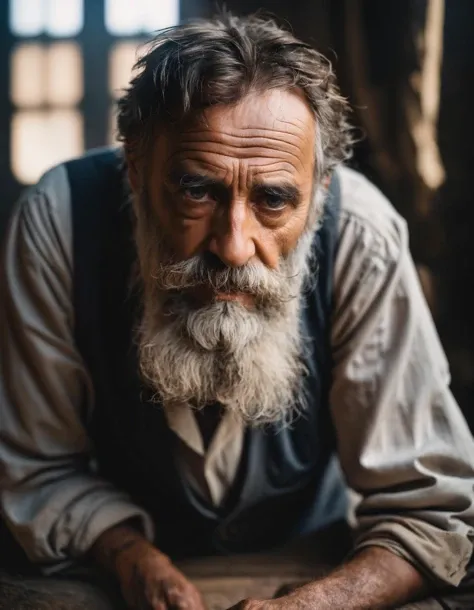 glamour portrait shot (from above:0.5) of poor russian 1800 old worker in rags, ((overwhelming fatigue)), wrinkles of age, photorealistic, moody colors, gritty, messy style of Alexey Savrasov, Ivan Shishkin, Ilya Repin, masterpiece, best quality, (intricate details), (****), eldritch, glow, glowing eyes, (volumetric lighting), unique pose, dynamic pose, dutch angle, 35mm, anamorphic, lightroom, cinematography, film grain, HDR10, 8k hdr, Steve McCurry, ((cinematic)), RAW, color graded portra 400 film, remarkable color, raytracing, subsurface scattering, hyperrealistic, extreme skin details, skin pores, deep shadows, contrast, dark theme,