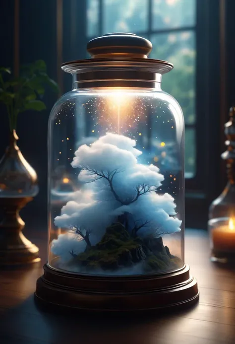 an optical illusion of the universe inside a glass jar, intricate detail, volumetric lighting, epic composition, hyper detailed, ultra realistic, sharp focus, octane render, volumetric, ray tracing, sense of awe, swirling mist, 4 k, cgsociety, sense of awe, mystical, by alphonse mucha, artstation, 8 k <lora:Details:0.85>