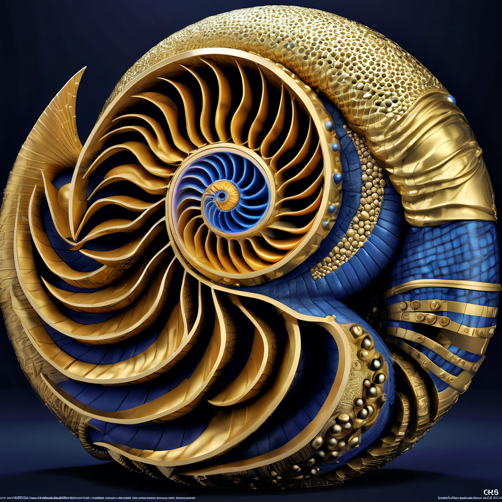 A close up of a golden and blue shell with a spiral design - SeaArt AI