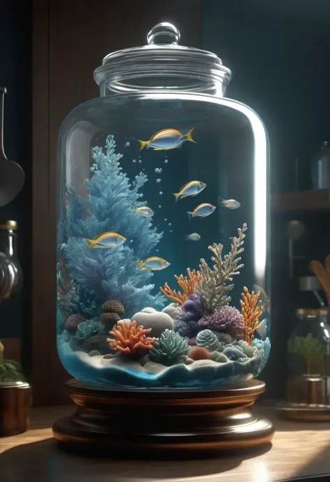 an epic scene, an optical illusion of an underwater reef inside of a glass jar, glass jar sitting on a kitchen counter, volumetric lighting, volumetric, ray tracing, sense of awe, swirling mist, sense of awe, mystical, style of Jay Anacleto,
intricate detail, cgsociety, artstation, 8 k