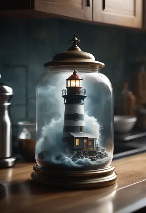 an epic scene, an optical illusion of a lighthouse in a storm inside of a glass jar, glass jar sitting on a kitchen counter, no windows, volumetric lighting, volumetric, ray tracing, sense of awe, swirling mist, sense of awe, mystical, style of Jay Anacleto, bokeh,
trending on ArtStation, Intricate, Vibrant colors, Soft Shading, Simplistic Features,
