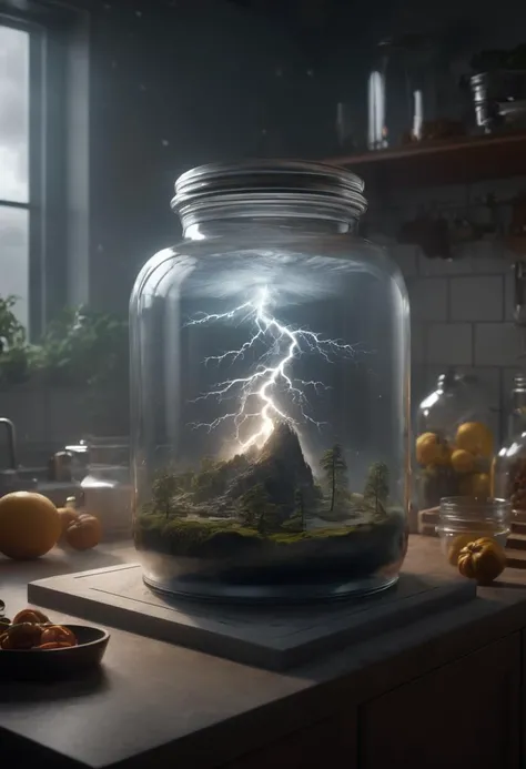an epic scene, an optical illusion of a storm on top of k2 inside of a glass jar, glass jar sitting on a kitchen counter, no windows, volumetric lighting, volumetric, ray tracing, sense of awe, swirling mist, sense of awe, mystical, style of Jay Anacleto,
intricate detail, cgsociety, artstation, 8 k
