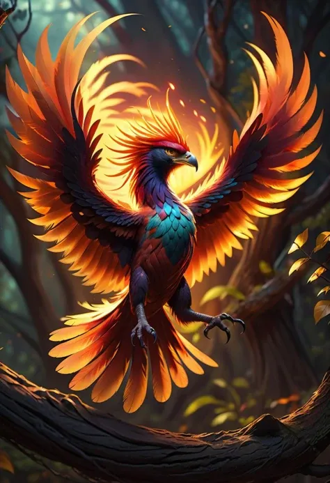 extremely intricate phoenix, colorful, fiery feathers, talons outstretched, landing on a branch, radiating an ethereal light, its fiery eyes reflecting the promise of rebirth, the fiery plumage almost dancing with intensity and life, mythical fairy village in the background,
strict rule of thirds, hyper detailed, ultra realistic, sharp focus, octane render, trending on artstation, 8 k,