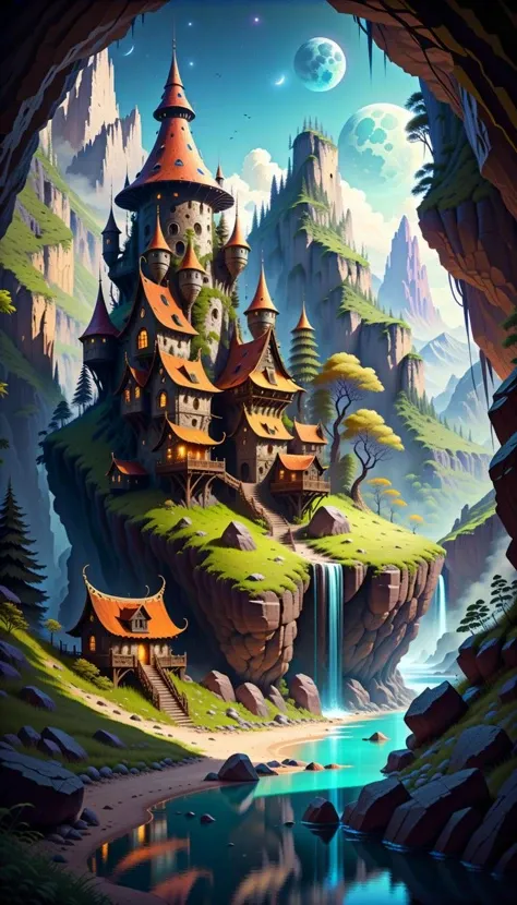 Whimsical super-detailed cyberpunk robotic village, faerie houses in the face of a steep cliff wall, canyon with stream in bottom, science fiction, galaxy visible in the night sky, style of Guweiz, high contrast, soft colors,
strict rule of thirds, photorealistic, Ultra Realistic, High quality, Highly detailed, trending on artstation,- painting,