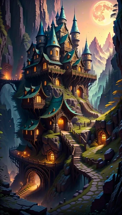 Whimsical super-detailed cyberpunk robotic village, faerie houses in the face of a steep cliff wall, canyon with stream in bottom, science fiction, galaxy visible in the night sky, style of Guweiz, high contrast, soft colors,
strict rule of thirds, photorealistic, Ultra Realistic, High quality, Highly detailed, trending on artstation,- painting,