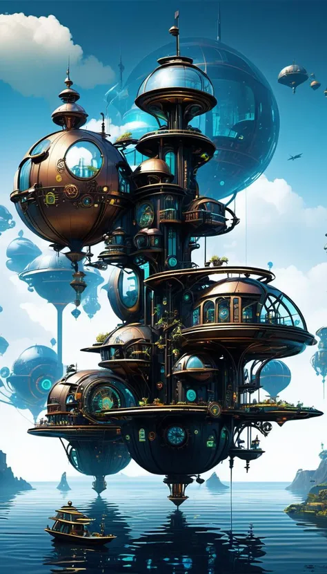 a floating steampunk faerie village, retro cyberpunk undefined . 80's inspired, synthwave, neon, vibrant, detailed, retro futurism