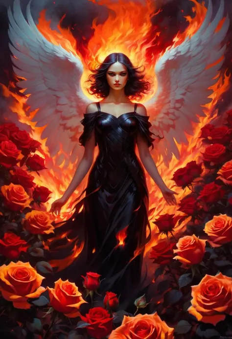Radiant beautiful dark angel stands amidst a field of flaming roses at night, aglow with fire, the roses ethereal form exudes a sense of calm and tranquility in the face of the furious inferno, dark theme, distortion for emotional effect, captures feeling over (form:1.05), style of Artgerm and Ilya Kuvshinov,