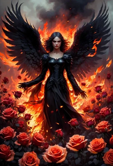 Radiant beautiful dark angel stands amidst a field of flaming roses at night, aglow with fire, the roses ethereal form exudes a sense of calm and tranquility in the face of the furious inferno, dark theme, distortion for emotional effect, captures feeling over (form:1.05), style of Artgerm and Ilya Kuvshinov,