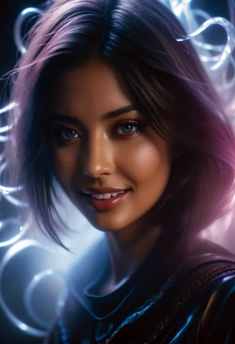 hyperrealistic close-up shot of ((ectoplasm:1.5) gaseous liquid girl with a wicked mad smile surrounded by ectoplasm magic wisps, masterpiece, best quality, (intricate details), dreamy, magnificent, ethereal, volumetric lighting, lightroom, ((cinematic)), raytracing, subsurface scattering, 