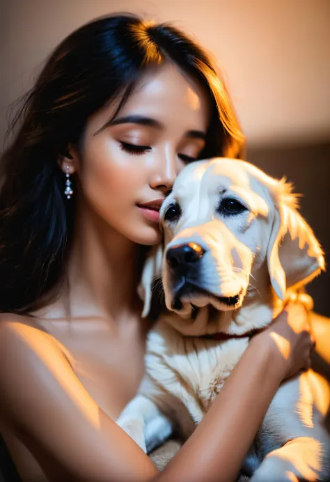 a beautiful young woman cradling a labrador, happy, joy, kiss, make-up, mascara, (flat chest:1.2), low light, chiaroscuro, masterpiece, best quality, (intricate details), dreamy, magnificent, ethereal, volumetric lighting, lightroom, ((cinematic)), raytracing, subsurface scattering, face focus, 