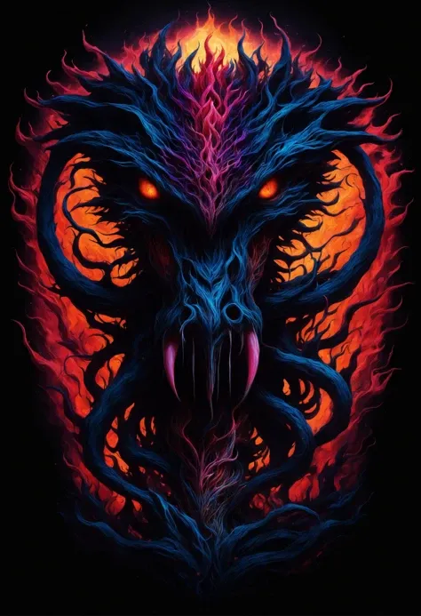 (An insanely vivid and colorful digital painting of a demogorgon from Stranger Things bursting with hues and textures, unsetteling and fantastical:1.3), sleek muscle and sinew highlighted with fluorescent bioluminescence, razor-sharp claws and fangs aglow, mutant flesh elaborated with strangegrowths and shapeshifting abilities, eldritch presence instills primal fear, (hyper-realistic skin pulled taut over bone with an unnatural glow within:1.2), corded tendons and veins visible beneath, bulbous eyes shining with malicious intent, gaping maw lined with serrated teeth, stylistic realism refined with surreal flourishes, (in the style of Aaron Horkey, highly-saturated colors, painterly style:1.4), interwoven details like Horkey's work, cinematic lighting drenches the scene, high-key illumination casts rippling shadows, clarity and definition rival real life, intensely vivid yet soothing, filmic quality, smooth textures, sharp edges, flawless, photo realistic, 8K resolution, 60+ FPS. , highly detailed, insanely detailed.