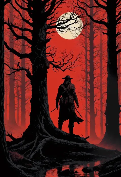 ((best quality)), ((masterpiece)), (detailed), In the depths of an ancient woodland, an intrepid explorer stands tall amidst the gnarled trees. The crimson sun casts an ominous glow, foretelling impending doom. Shadows dance with malevolence as darkness consumes the scene. [:dark and sinister:10] [:ominous:7] [:adventure:5] [:mystery:6] [:explorer:8] [:foreboding:5],