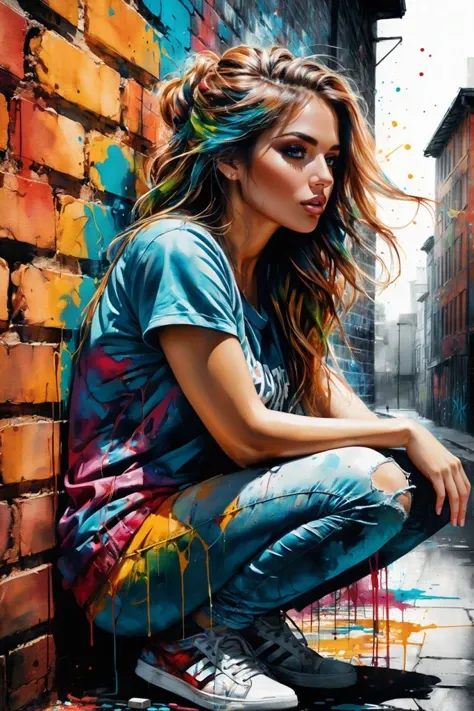 (graffiti style woman:1.3), (watercolor painting), (on brick building),  kneeling, (Carne Griffiths), (Alberto Seveso), (tertiary color:1.2), vibrant color, deep shadow, ((Abstract, Artistic, absurdres, (8k resolution), high details, detailed and intricate, intricate details)), <lora:add-detail-xl:2>