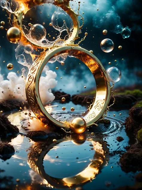 cinematic photo warped gold ring floating in the air, hallucination bubbles, leaving a trail of destruction as it drops to earth, celtic markings, intricate filigree patterns, fiery, steam, smoke, water splash, ripples, puddle reflections <lora:xl_more_art-full_v1:1> . 35mm photograph, film, bokeh, professional, 4k, highly detailed