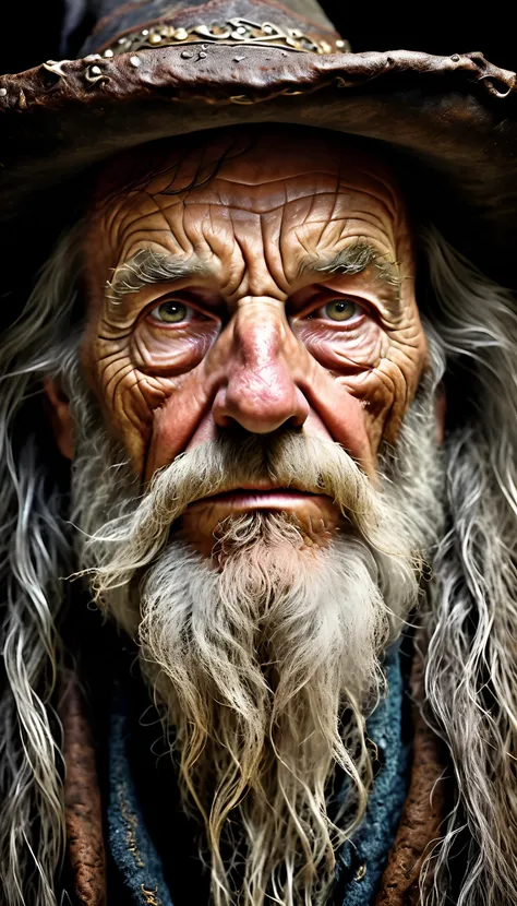 old weary wizard, cowboy shot, skin pores, pores, stringy hair, greasy hair, dark grim fantasy, extreme details, looking at viewer, hyperrealistic, extremely high-resolution details, photographic, realism pushed to extreme, fine texture, incredibly lifelike