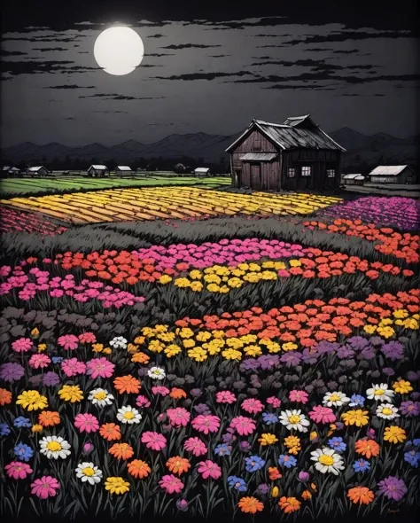 horror, scary, dark colors, art by Tsubasa Nakai, On pale black paper, landscape of a Sparse Field of flowers and bakery, Spring, Depressing, side light, MOBA style, extremely beautiful, masterpiece, (vivid colors, high contrast, sharp contrast:1.2) , sharp, contrast
