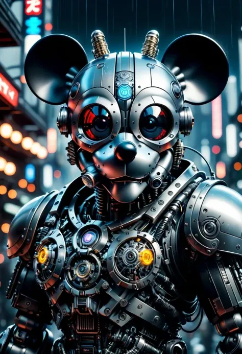 Mickey Mouse as a Cypherpunk warrior, cybernetic implants in the head, (((full-body))), wide shot, street, Breathtaking, 8k resolution, extremely detailed, beautiful, establishing shot, artistic, hyperrealistic, ultra realistic render, extremely fine details, like-like render, cinematic lighting, dramatic volumetric lighting, masterpiece, light brazen, extremely detailed and beautiful face, 150mm, HDR10 <lora:Wowifier:0.69> <lora:Details:0.85>,Cyberpunk, in heavy raining futuristic tokyo rooftop cyberpunk night, sci-fi, fantasy, intricate, very very beautiful, elegant, neon light, highly detailed, digital painting, artstation, concept art, soft light, hdri, smooth, sharp focus, illustration,