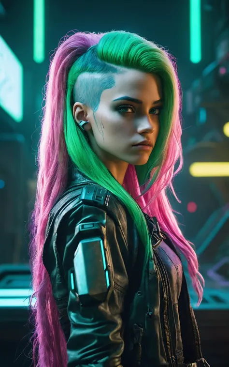 hyperrealistic, (photorealistic:1.3), Depth of Field, film, Cinematic,
In the cyberpunk world of "Cyberpunk: Edgerunners (2022)," a captivating close-up shot captures the alluring and sexy presence of Rebecca, a beautiful girl with long green hair. She exudes a combination of sensuality and cuteness as she holds a pink pistol with confidence. The cyberpunk artistry in the composition adds a touch of futuristic aesthetics, with neon lights and vibrant colors reflecting off her hair. This movie still, taken with a Nikon D750, immerses viewers in the captivating world of "Cyberpunk: Edgerunners," leaving them mesmerized by Rebecca's alluring and badass persona.