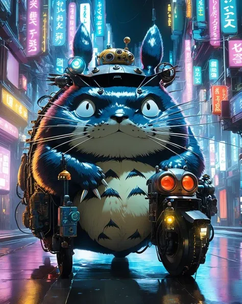In a cyberpunk world, the adorable characters from Hayao Miyazaki's animated film, My Neighbor Totoro, undergo a fascinating transformation, adapting to the gritty and technologically advanced environment., perfect composition, hyperrealistic, super detailed, 8k, high quality, trending art, trending on artstation, sharp focus, studio photo, intricate details, highly detailed,