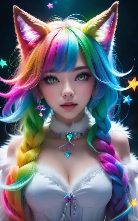 hyperrealistic, (photorealistic:1.3), Depth of Field, film, Cinematic,
masterpiece, best quality, ultra high res, highly detailed, (psychedelic art:1.4), (woman, demon:1.3), (floating in dark mist:1.1), furry girl, anime furry women, ((best quality)), ((masterpiece)), ((realistic)), (detailed), portrait, close up, young female, RAW photo, uhd, dslr, rainbow hair, high quality, realistic, photo realistic, dreamlikeart, lens flare, upper body, looking at viewer, animal focus, furry, wolf fursuit, 1girl, cute, kawaii, lovely, fur, fur head, wolf head, narrow waist, wolf ears, black chocker, blush, paw, paw shoes, rainbow clothes, stunning gradient colors, no watermark signature, detailed background, woods, small lake with island, insanely detailed, visually stunning, wicked, hypnotic, alluring, cowboy shot, intricate, perferct shading, veil, beautiful, award-winning illustration, cosmic space background, ethereal atmosphere, ultra quality, beautiful girl, cosmical concept, rainbow strings, rainbow skin, rainbow bloody veins growing and intertwining out of the darkness, nailed wire, oozing thick blue blood, sharp neon, veins growing and pumping blood, vascular networks growing, green veins everywhere, yin and yang, glowing space, glowing stars, infinity symbol, dynamic pose, flying pose, glowing body, (rainbow aura:1.1), beautiful angel, clockwork, lightning, majestic, breathtaking,tamamo (fate), fox girl,gigantic breasts,unbuttoned clothes,fox_ears,facial close-up,
