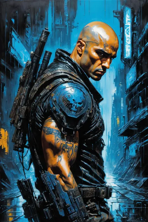 90's style cyberpunk dystopian painting, Riddick as a cyberpunk Skip Tracer, black and blue cybernetic tattoo, cybernetic arm canon, detailed and intricate environment, oil painting, palette knife soft brushstrokes, heavy strokes, dripping paint, art station on trend, sharp focus, intricate details, highly detailed Ink old paper concept art, grainy, highly detailed, symbolic, focal point, analog style, digital illustration, comic style, stunning background, perfect anatomy, centered, approaching perfection, dynamic, highly detailed, concept art, smooth, sharp focus, illustration, art by Frank Frazetta, giger, Carne Griffiths and Wadim Kashin