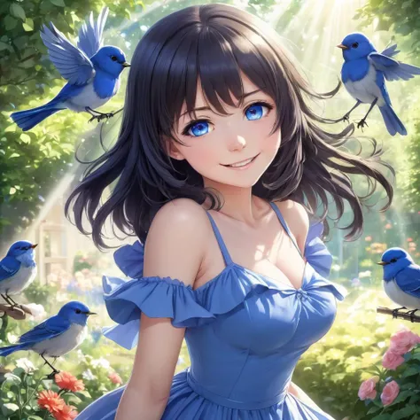 ((masterpiece)), ((best quality)), (ultra-detailed), ((kawaii)), cute, (lovely), ((sexy)), (ero), ((extremely detailed)), 4K, (8K), best quality, (beautiful), anime style, upper body, face in profile, raise a hand, (((The big blue bird is flying in the sky))), running, colorful, forest, beautiful sky, evening, summer, a cute girl, 1girl, solo, one-piece dress, beautiful light brown hair, beautiful purple eyes, ((beautiful eyes)), white-skinned, long hair, large breast, straw hat, earrings, necklace, smile, lens flare, wind effect --auto