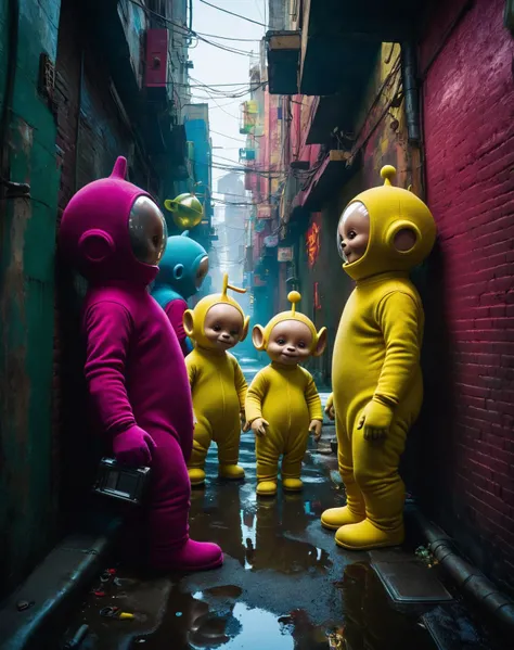 Teletubbies staring from the end of a long narrow alley, with no light, cyberpunk 2077