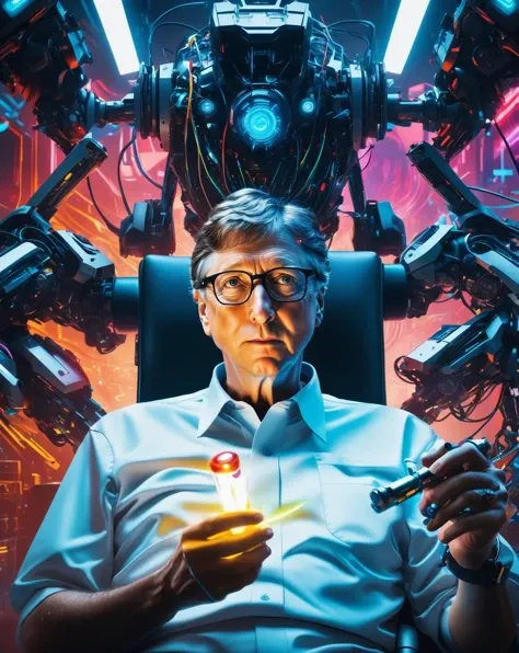 Bill Gates lies on a high-tech operating table surrounded by robotic arms installing parts., perfect composition, hyperrealistic, super detailed, 8k, high quality, trending art, trending on artstation, sharp focus, studio photo, intricate details, highly detailed,