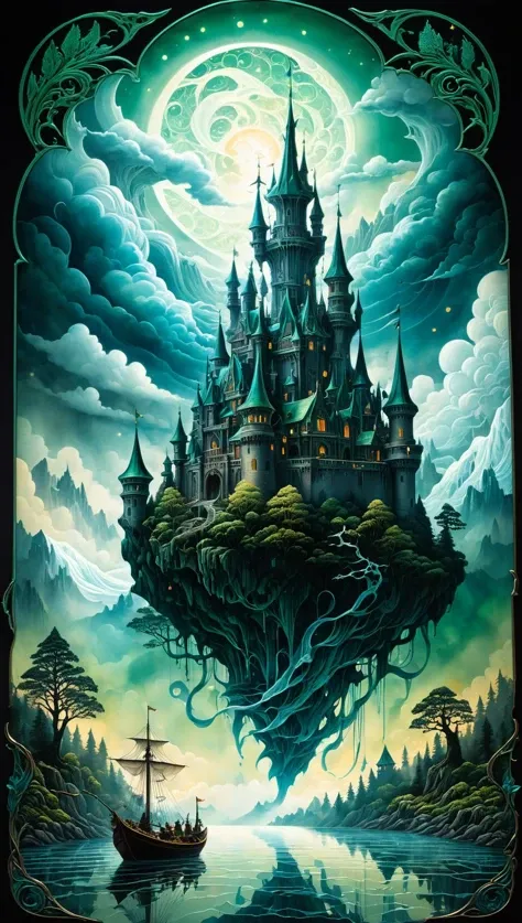 detailed ink, pen and ink, mail art, best quality, detailed epic ice transparent ethereal otherworldly ghost castle in the blue sky, clouds, smoke, fog, detailed landscape, ghost figures, lake, boat, green forest, detailed flying dragon at the sky, detailed scales, warm lights, glittering, Craola, Dan Mumford, Andy Kehoe, 2d, flat, art on a cracked paper, patchwork, stained glass, cute, adorable, fairytale, storybook detailed illustration, cinematic, ultra highly detailed, tiny details, beautiful details, mystical, luminism, vibrant colors, complex background<lora:xl_more_art-full_v1:0.5>