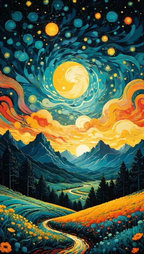 Art by James R. Eads, Swirling and flowing lines define the vivid landscapes and sky, drawing inspiration from Van Gogh's Starry Night. each piece appears as a vision or a dream with psychedelic colors and a sense of movement that suggests a connection to the spiritual or metaphysical world. the style is heavily influenced by the natural world and uses bright and contrasting colors to add depth and emotion. by Satori Canton<lora:xl_more_art-full_v1:0.5>