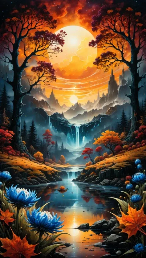 autumn best quality, ink painting, acrylic, cute ice cornflowers, sunrise, by Craola, Dan Mumford, Andy Kehoe, 2d, flat, adorable, vintage, art on a cracked paper, fairytale, storybook detailed illustration, cinematic, ultra highly detailed, tiny details, beautiful details, mystical, luminism, vibrant colors, complex background, centered, symmetry, painted, intricate, volumetric lighting, beautiful, rich deep colors masterpiece, sharp focus, ultra detailed, in the style of dan mumford and marc simonetti, astrophotography, centered, symmetry, painted, intricate, volumetric lighting, beautiful, rich deep colors masterpiece, sharp focus, ultra detailed, in the style of dan mumford and marc simonetti, astrophotography<lora:xl_more_art-full_v1:0.5>