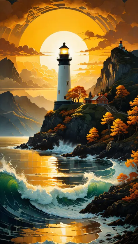 very beautiful insanely detailed image of glowing seascape lighthouse in golden October". beautiful golden mountains, bright dark yellow ornate sun, by Victo_Ngai, Oleksandra Ekster, Malevich, Vladyslav Yerko and Alexander Jansson, Vladyslav Yerko! Very Complex perfect elegant composition! linen gesso acrylic paper, epic Dramatic lighting! Razor-sharp quality insanely detailed, deep colors realistic masterpiece<lora:xl_more_art-full_v1:0.5>