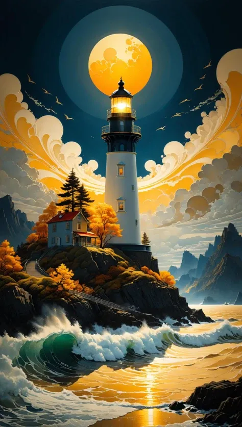 very beautiful insanely detailed image of glowing seascape lighthouse in golden October". beautiful golden mountains, bright dark yellow ornate sun, by Victo_Ngai, Oleksandra Ekster, Malevich, Vladyslav Yerko and Alexander Jansson, Vladyslav Yerko! Very Complex perfect elegant composition! linen gesso acrylic paper, epic Dramatic lighting! Razor-sharp quality insanely detailed, deep colors realistic masterpiece<lora:xl_more_art-full_v1:0.5>