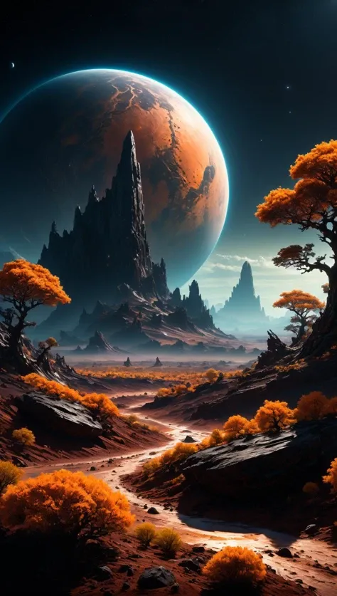 Landscape of a dark far away planet, rock and organic soil, glowing trees, UHD, masterpiece, trending on artstation, sharp focus, studio photo, intricate details, highly detailed, by greg rutkowski<lora:xl_more_art-full_v1:0.5>