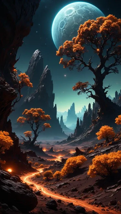 Landscape of a dark far away planet, rock and organic soil, glowing trees, UHD, masterpiece, trending on artstation, sharp focus, studio photo, intricate details, highly detailed, by greg rutkowski<lora:xl_more_art-full_v1:0.5>