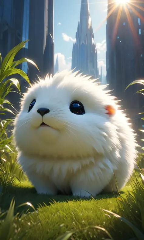 The most puffy creature in the world, concept art, high detail, warm lighting, volumetric, god rays, vivid, beautiful, trending on Artstation, by Jordan grimmer, huge scene, grass, art greg rutkowski, artgerm, fantasy city landscape, 4k, octane render, hyperrealistic, extreme high details, cinematic <lora:Details:0.85>