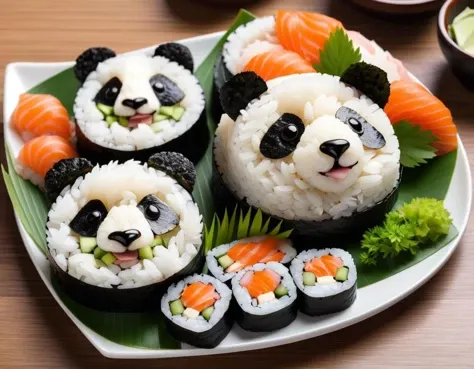 Sushi rolls in the form of panda heads, sushi platter