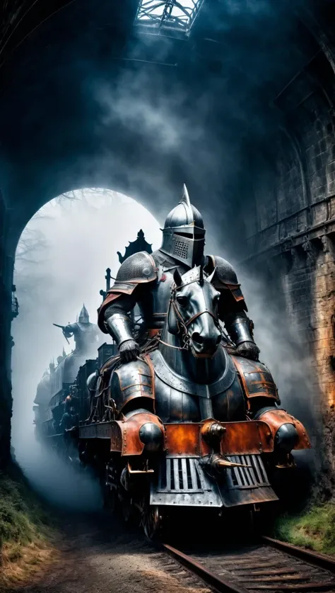 A masterful composition, gritty and realistic photo, an old locomotive with a giant medieval knight sitting on it riding it like a horse, holding a lance as if in a joust, emerging from a tunnel in fog, HDR, extremely detailed, detailed background, high contrast, bold shifts of light and dark, cinematic, complex and multidimensional lighting, eerie,  <lora:xl_more_art-full_v1:0.6>