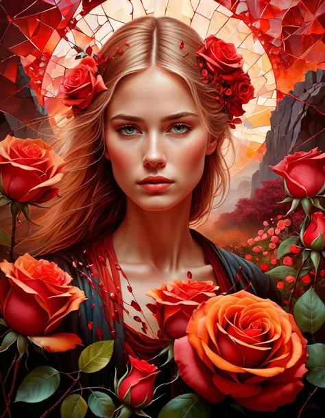 Positive prompt:
Compose a deeply emotional and visually stunning image featuring a young Norwegian woman in the Garden of Eden, with delicate roses in the background. Incorporate abstract art elements with an aspect ratio of 1.6 and a broken glass effect, conveying shattered memories and a red-tinted background with vivid shades of red, orange, and ebony. To enhance the emotional impact, include rose thorns dripping with blood, adding to the overall beauty and evocative nature of the piece. Utilize hyper-detailed and intricate elements, bringing the final image to life with 8K HDR and cinematic lighting. The dramatic atmosphere enhances the overall high-quality and detailed nature of this stunning piece of artwork.