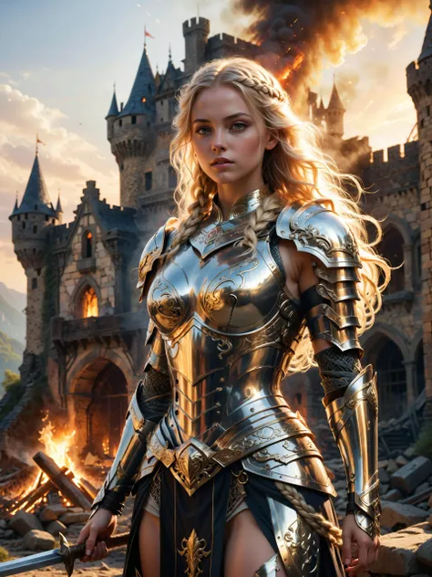 <lora:add-detail-xl:2.0>, <lora:xl_more_art-full-xl:0.6>, <lora:envyzoomsliderxl01-xl:-0.6>, by stephan martiniere, ultra detailed, 8k, front view, a muscular and beautiful young female warrior wearing (gleaming:1.5) (intricate ornate plate armor:1.3) with pale skin and long (light blonde:1.2) hair, thick braid, (outside a castle ruin:1.2), fire in the distant background, fire sparks flying in the wind, golden hour, professional lighting, front lighting, side lighting, epic, dramatic, dynamic, mythical, legendary