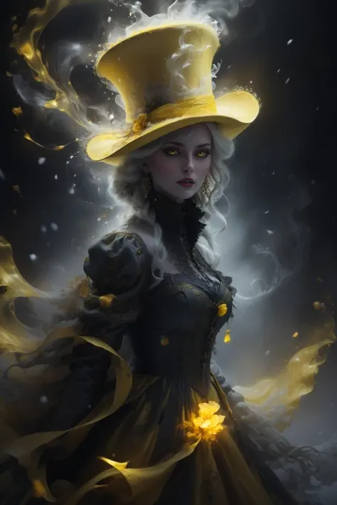 an (extremely detailed masterpiece) (3/4 body shot) of one snow girl with her billowing (yellow flowing dress:1.2) and a (large (bright yellow) top hat:1.5) with her realistic extremely long flowing white hair, (realism), (highly detailed glowing eyes:1.2), (Style-GravityMagic:1.1), (twisting swirls of snow), (falling snow), (snowflakes:1.2), (windy), (snow person), (skin as pale as snow), (moody color tones), (elaborate textures:1.2), (volumetric lighting), shallow depth of field, oil painting, (8k UHD, highest quality), <lora:add-detail-xl:0.8>, <lora:xl_more_art-full_v1:0.8>, <lora:DreamARTSDXL:0.9>, (<lora:ExplosionMagic:0.8> explosionmagic, excessive energy, smoke, glowing aura)