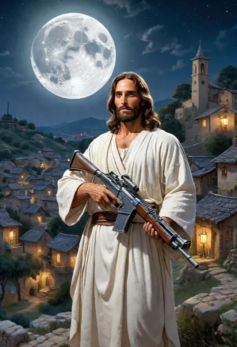 Amidst a moonlit night, Jesus Christ stands on a hill overlooking a quaint village. Clad in traditional robes, he holds a modern machine gun, creating a stark contrast with his peaceful persona. The full moon casts a gentle silver glow, accentuating the soft folds of his garment and the gun's metallic sheen. Below, the village rests peacefully, its houses and winding streets faintly lit by the moon, presenting a scene of quiet, everyday life that starkly contrasts with the weapon in Jesus' hands. The hill is adorned with ancient olive trees and wildflowers, their outlines softly illuminated by the moonlight, enhancing the tranquil yet thought-provoking atmosphere. The scene is imbued with stillness, broken only by the rustling of leaves and distant, muted sounds from the village. The interplay of light and shadow created by the moon adds depth and serenity, casting long, subtle shadows across the landscape. Jesus, with a calm and contemplative expression, seems to be pondering the complexities of peace and conflict, symbolized by the gun. This tableau, set against the backdrop of a serene, moonlit hill and the quiet village below, merges historical symbolism with contemporary elements, inviting deep reflection on the juxtaposition of tranquility and power in our world.