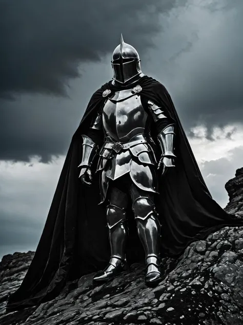 A photograph of a knight in armor, with a cloak made of flowing black goo, standing defiantly on a rocky cliff against a stormy sky, the texture of the cloak resembling liquid obsidian <lora:Black_Goo:0.8>  <lora:EnvyBetterHiresFixXL01:0:hr=1>