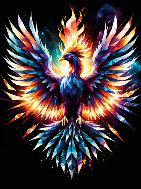 A ral-polygon phoenix rising from ashes, its flames rendered in vibrant, crystalline shapes against a dark, nebulous background, symbolizing rebirth and transformation <lora:ral-polygon-sdxl:1> <lora:EnvyBetterHiresFixXL01:0:hr=1>.