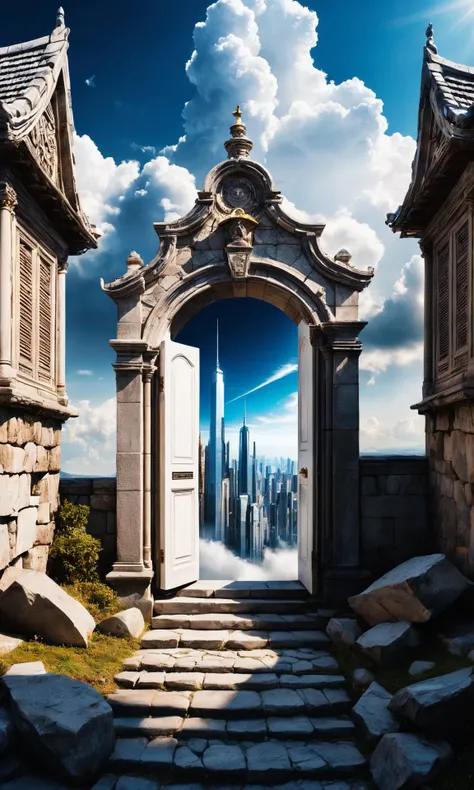 Fantasy, fantastic, a cinematic photo of a city with an open door that is made from stone at the top. The sky has some clouds on its sides and there are small white houses in it's front by Greg Rutkowski, Sung Choi, Mitchell Mohrhauser, Maciej Kuciara, Johnson Ting, Maxim Verehin, Peter Konig, <lora:Details:0.85>