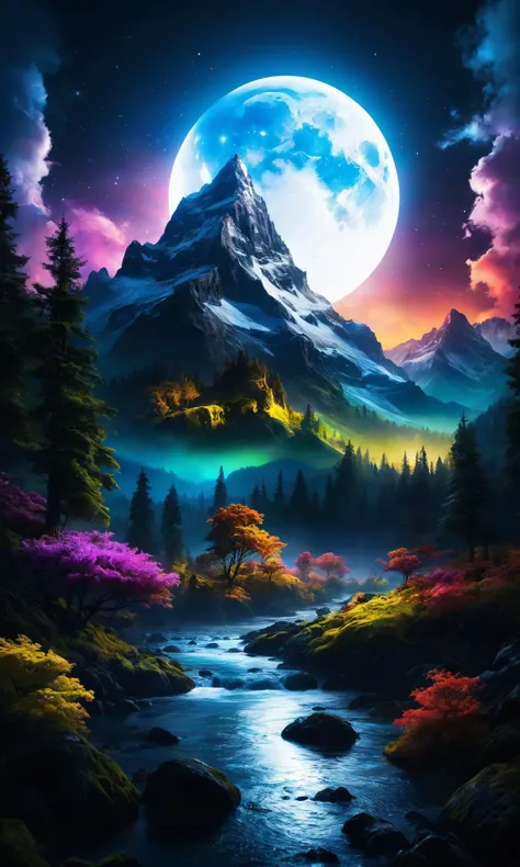 Fantasy, fantastic, a cinematic photo of a large mountain with the sky full moon at night. The river is made up of colourful animal fauna in an enchanted forest and trees are floating around it by Greg Rutkowski, Thomas Kinkade trending on Artstation, CGSociety contest winner, 4K HD image, unreal engine 5. Dark atmospheric lighting!!, <lora:Details:0.85>