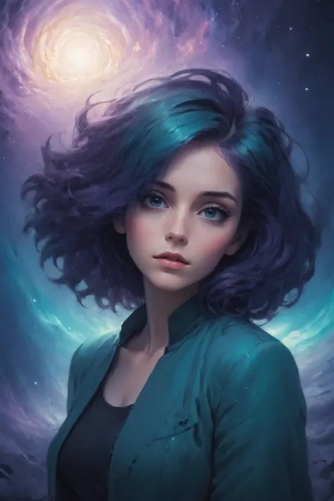 cosmic canvas, Turquoise hair galaxy background, painting of a woman,Bolero Jacket, Layered haircut, long hair, Deep purple hair, <lora:Cosmic_Canvas_SDXL:1>