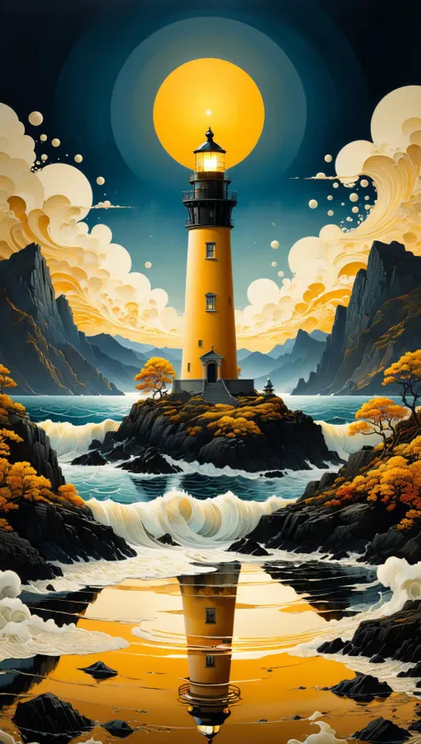 very beautiful insanely detailed image of glowing seascape lighthouse in golden October". beautiful golden mountains, bright dark yellow ornate sun, by Victo_Ngai, Oleksandra Ekster, Malevich, Vladyslav Yerko and Alexander Jansson, Vladyslav Yerko! Very Complex perfect elegant composition! linen gesso acrylic paper, epic Dramatic lighting! Razor-sharp quality insanely detailed, deep colors realistic masterpiece<lora:xl_more_art-full_v1:0.5>