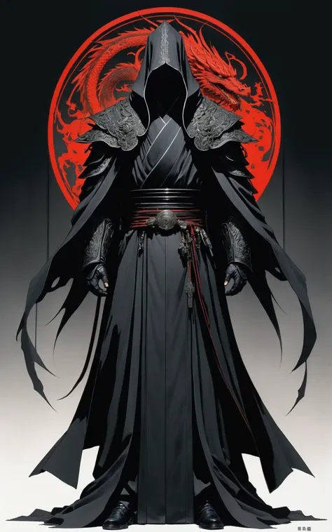Ink drawing of the holy inquisitor of the forgotten battleground, full body, dramatic, by Tsutomu Nihei, Shizukanajose dragon style, mysterious vibe, silky hair, black intricate robe, incredible color palette